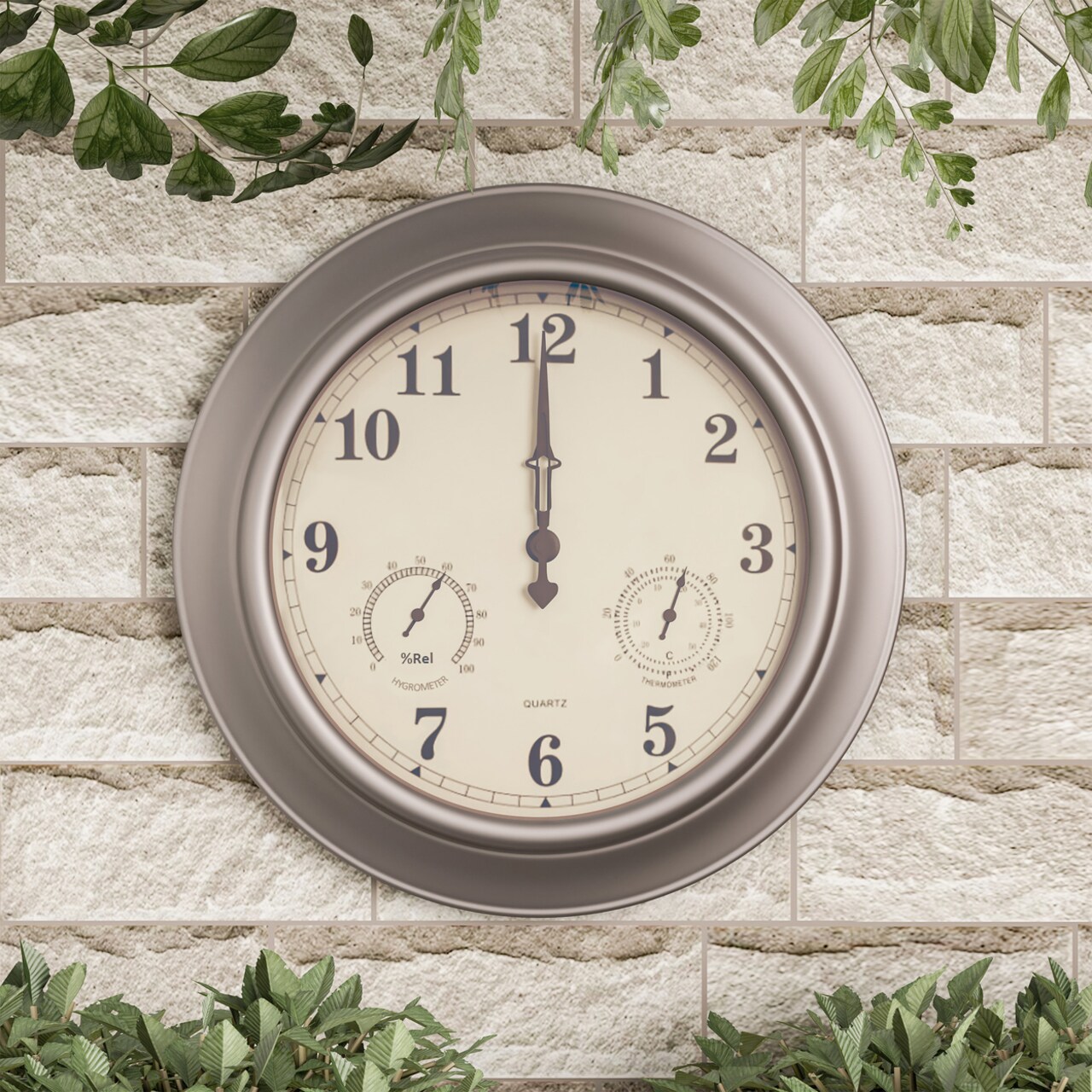 Patio Wall Clock Thermometer 18 Inch Silver Waterproof Indoor Outdoor Decor